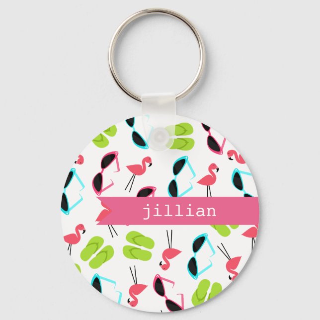 Flamingos & Flip Flops Personalised Keychain (Front)
