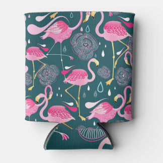 Flamingos Flowers: Dark Graphic Seamless. Can Cooler