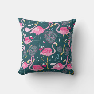 Flamingos Flowers: Dark Graphic Seamless. Cushion