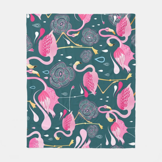 Flamingos Flowers: Dark Graphic Seamless. Fleece Blanket (Front)