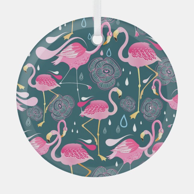 Flamingos Flowers: Dark Graphic Seamless. Glass Tree Decoration (Front)