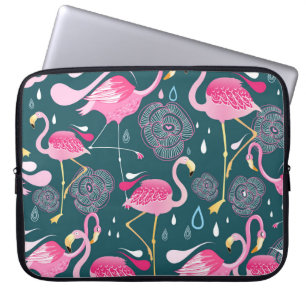 Flamingos Flowers: Dark Graphic Seamless. Laptop Sleeve