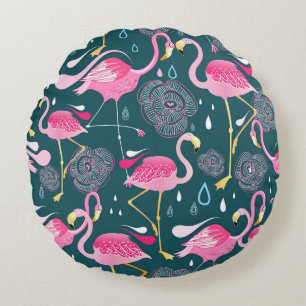 Flamingos Flowers: Dark Graphic Seamless. Round Cushion