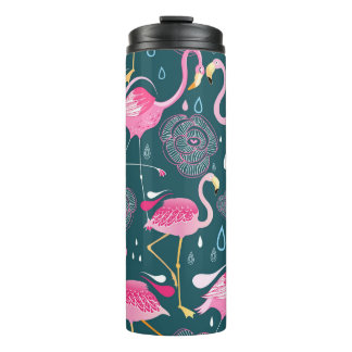 Flamingos Flowers: Dark Graphic Seamless. Thermal Tumbler