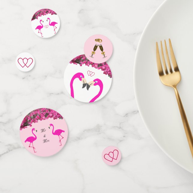 Flamingos &  flowers on rose gold & white wedding confetti (Group)