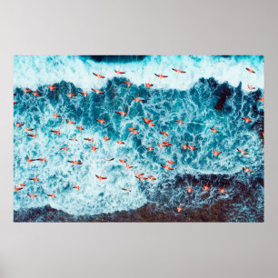 Flamingos flying on the beach of caribbean sea, Lo Poster