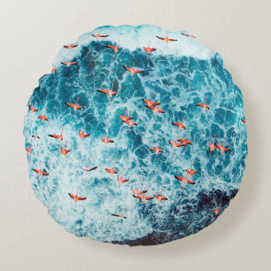 Flamingos flying on the beach of caribbean sea, Lo Round Cushion