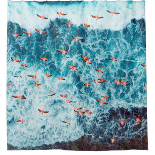 Flamingos flying on the beach of caribbean sea, Lo Shower Curtain