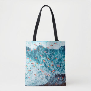 Flamingos flying on the beach of caribbean sea, Lo Tote Bag