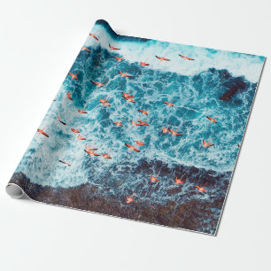Flamingos flying on the beach of caribbean sea, Lo Wrapping Paper