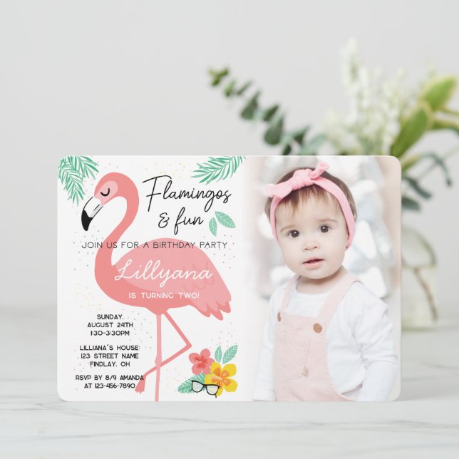Flamingos & Fun Tropical Birthday Photo, Any Age Invitation (Standing Front)