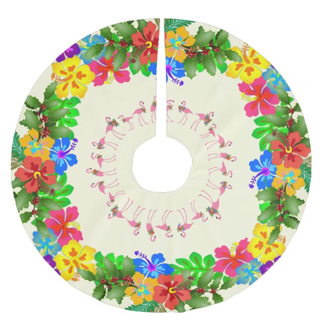 Flamingos Hibiscus Holly Tropical Christmas Brushed Polyester Tree Skirt (Front)