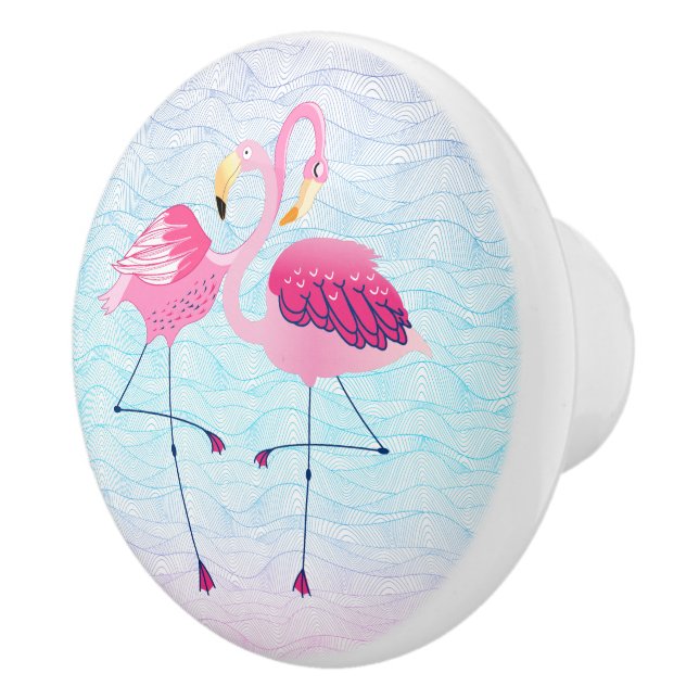 Flamingos In Love Abstract Stylised Water Waves Ceramic Knob (Right)