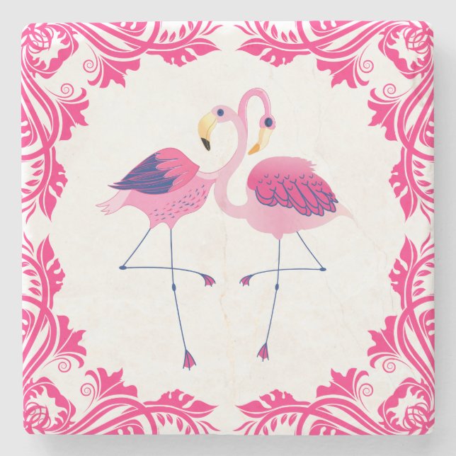 Flamingos In Love Pink Frame Stone Coaster (Front)