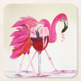 Flamingos in Red Wine Square Paper Coaster