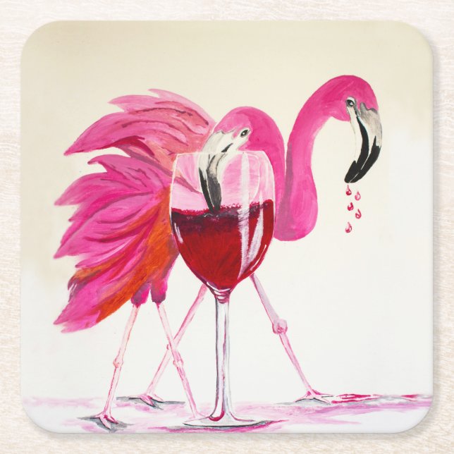 Flamingos in Red Wine Square Paper Coaster (Front)