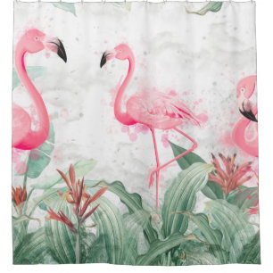 flamingos in tropical plants on a textured backgro shower curtain