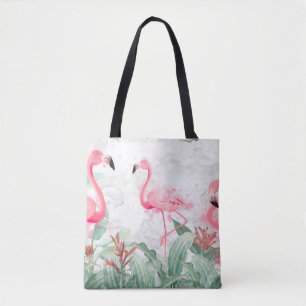 flamingos in tropical plants on a textured backgro tote bag