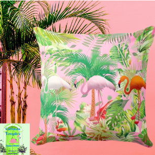 Flamingos in Tropical Scene Throw Pillow