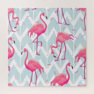 Flamingos Light Grey: Vintage Tropical. Jigsaw Puzzle