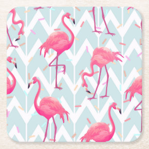 Flamingos Light Grey: Vintage Tropical. Square Paper Coaster