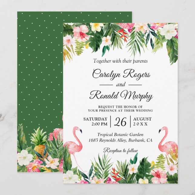 Flamingos Love Tropical Palm Leaves Floral Wedding Invitation (Front/Back)