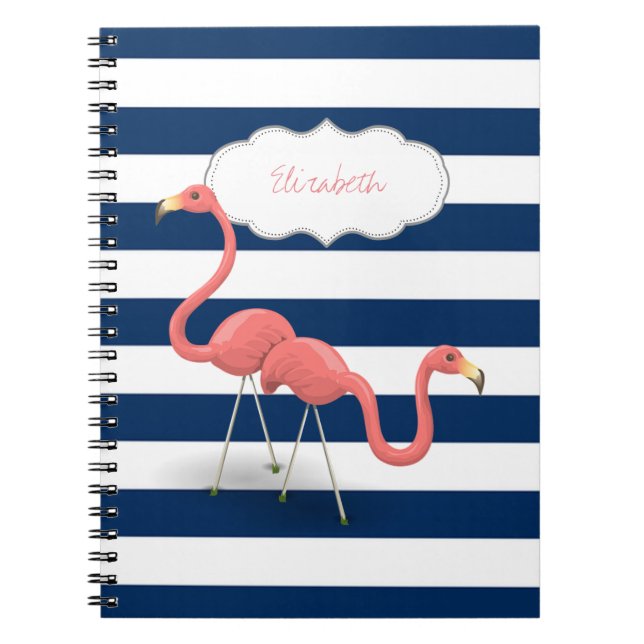 Flamingos ,Modern Navy Blue Stripes Notebook (Front)