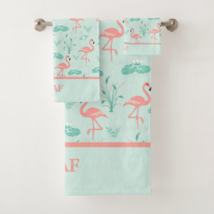 Flamingo's Monogram Tropical Bird Pink Green Bath Towel Set