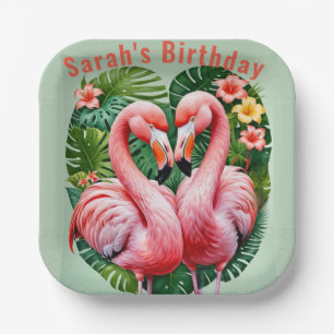 flamingos necks pink heart tropical Paper Plate