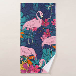Flamingos on a background of tropical leaves and f bath towel