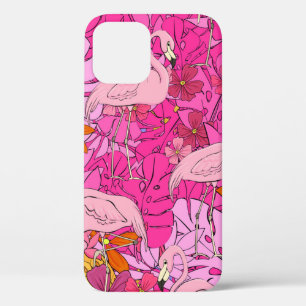 Flamingos on a background of tropical leaves and f iPhone 12 case