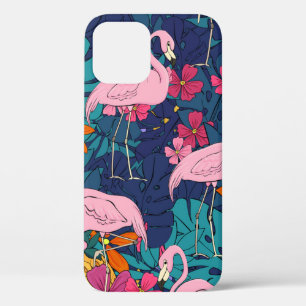 Flamingos on a background of tropical leaves and f iPhone 12 case