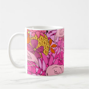 Flamingos on a background of tropical leaves and f coffee mug