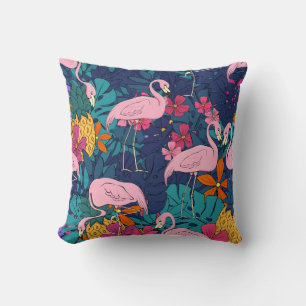 Flamingos on a background of tropical leaves and f cushion