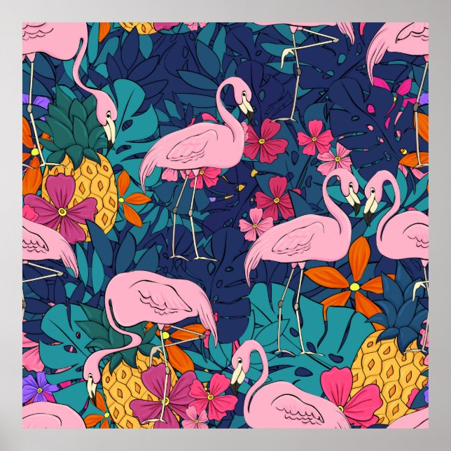 Flamingos on a background of tropical leaves and f poster (Front)