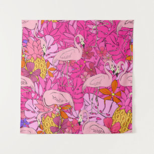 Flamingos on a background of tropical leaves and f tapestry