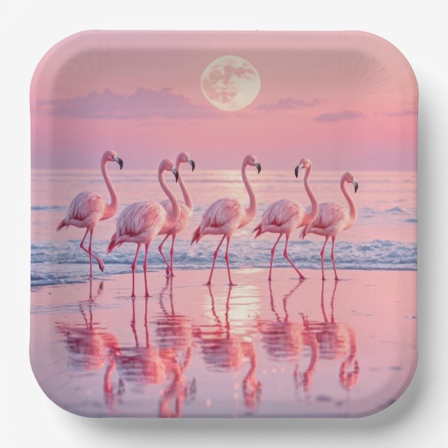 Flamingos On a Pink Beach Paper Plate (Front)