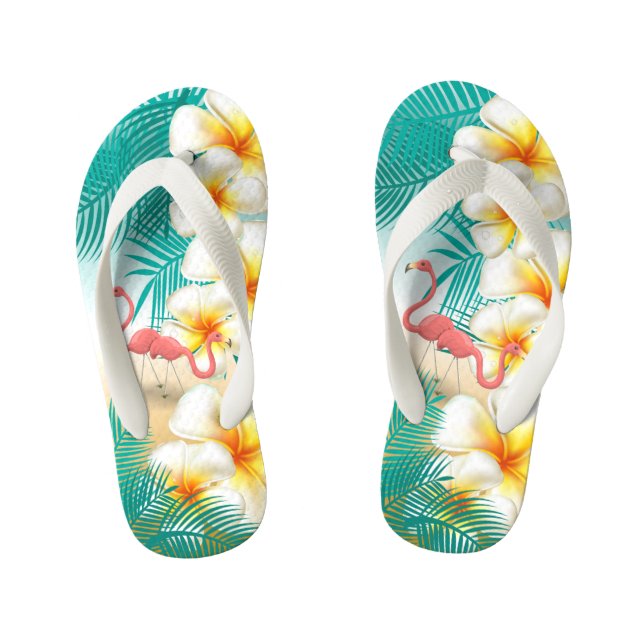 Flamingos on a Teal Tropical Beach Design Kid's Thongs (Footbed)