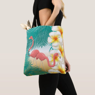 Flamingos on a Teal Tropical Beach Design Tote Bag