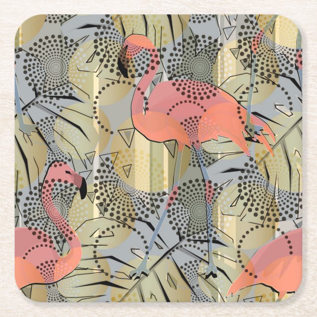 Flamingos on an abstract background. square paper coaster (Front)