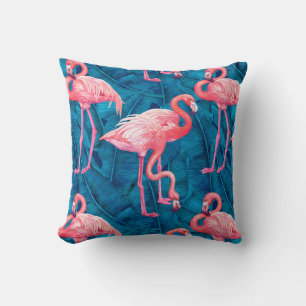Flamingos on blue banana leaves cushion