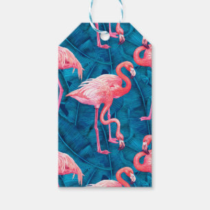 Flamingos on blue banana leaves gift tags