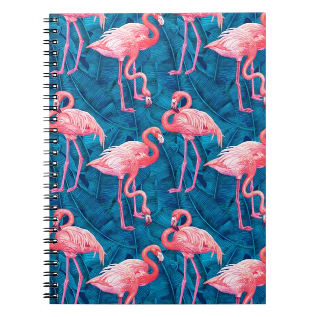 Flamingos on blue banana leaves notebook (Front)