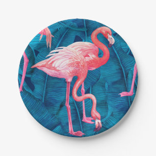 Flamingos on blue banana leaves paper plate
