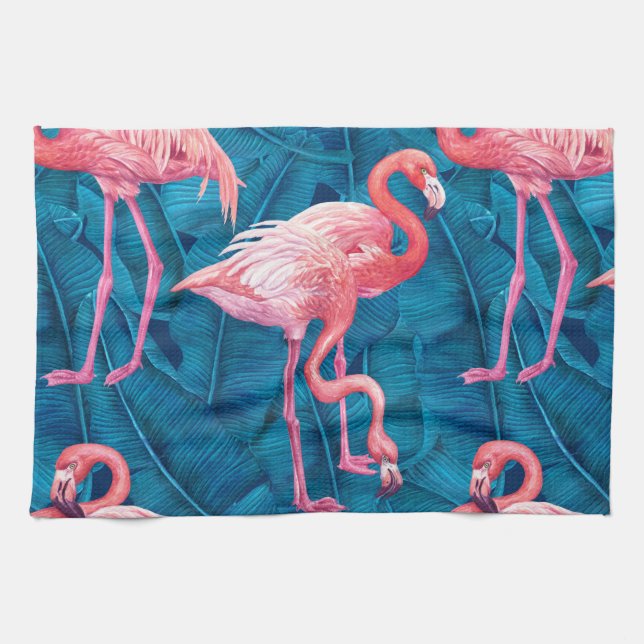 Flamingos on blue banana leaves tea towel (Horizontal)