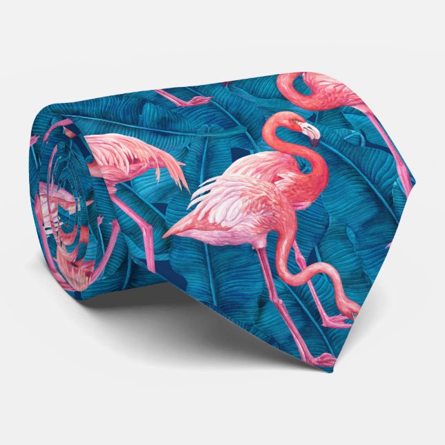 Flamingos on blue banana leaves tie (Rolled)