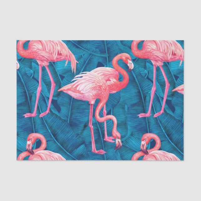 Flamingos on blue banana leaves tissue paper (Front)