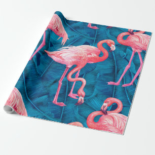 Flamingos on blue banana leaves wrapping paper