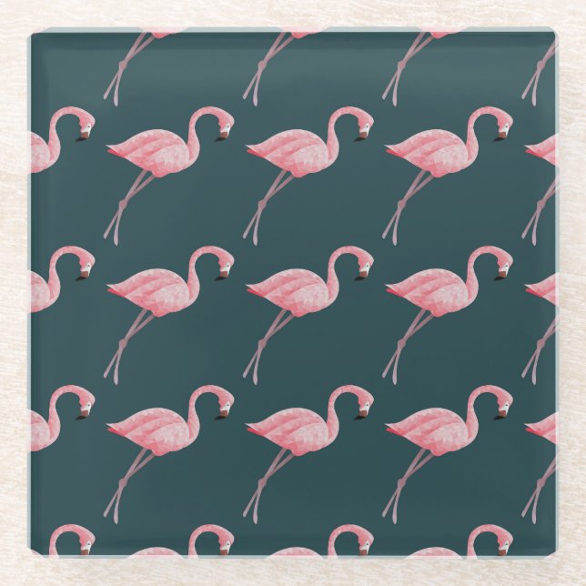 Flamingos on blue, vintage seamless pattern. glass coaster (Front)