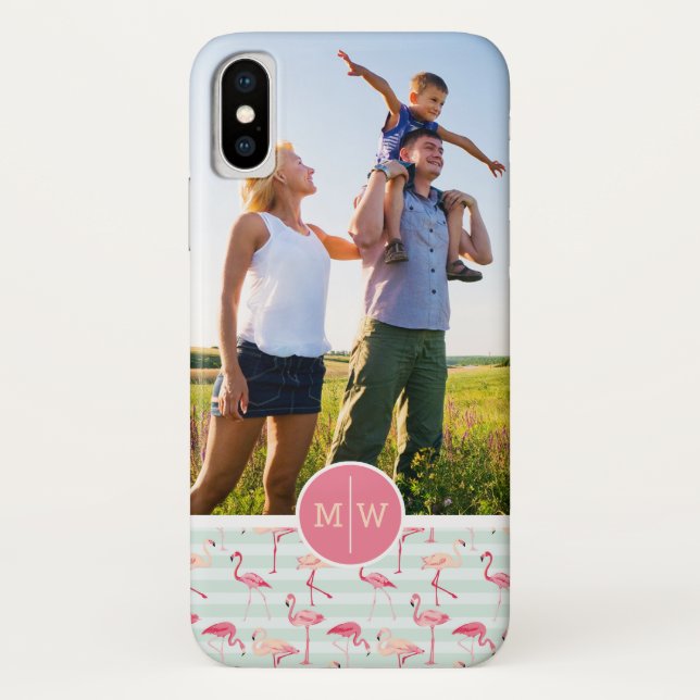 Flamingos On Stripes | Add Your Photo & Monogram Case-Mate iPhone Case (Back)